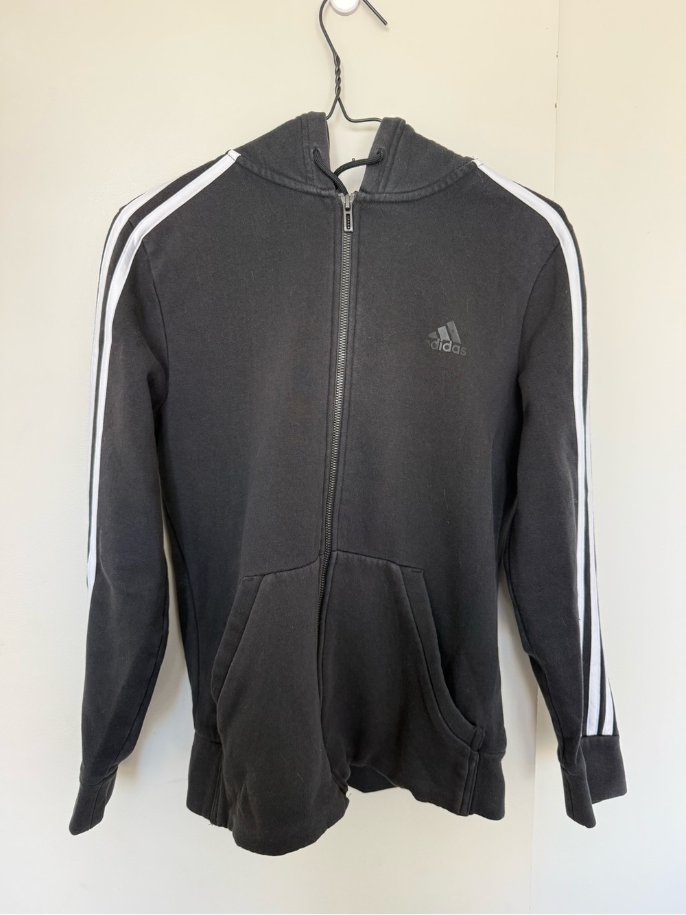 adidas Black Hooded Zip Jacket with White Shoulder Stripes